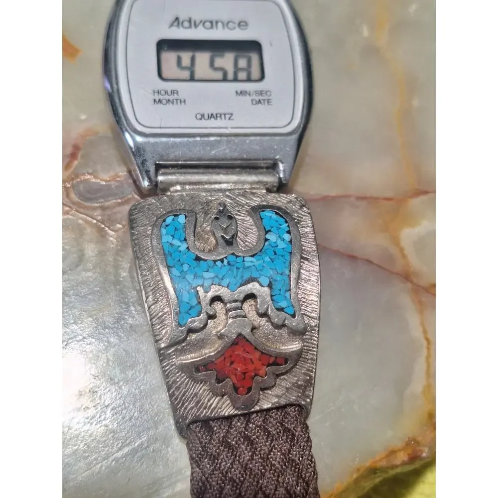 Vintage Advance Digital Watch Southwest Eagle Turquoise Coral Chip Inlay 1970s